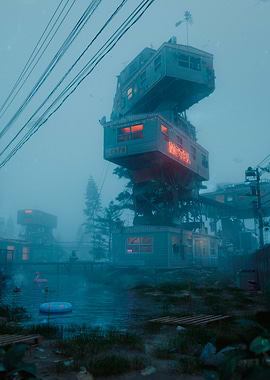 Tall Pines - Surreal Stacked Motel in Foggy Landscape