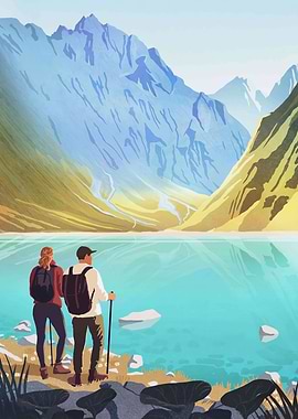 Hikers by Mountain Lake Illustration