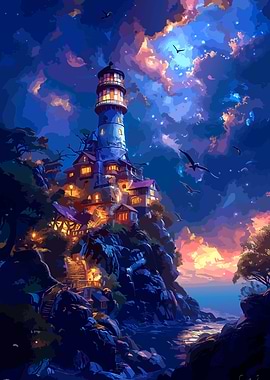 Coastal Lighthouse at Night
