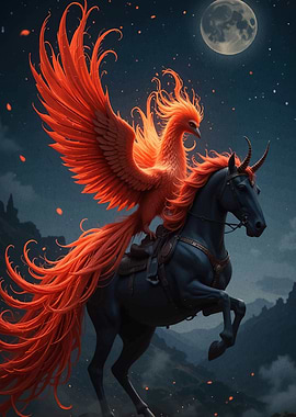 Phoenix riding unicorn night