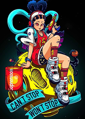 Cartoon Girl on Moon with Toy Gun