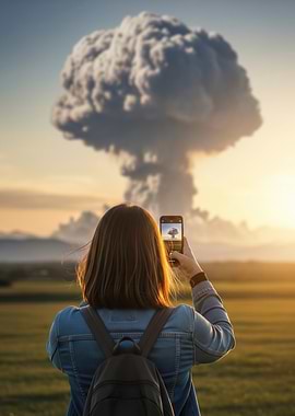 Woman photographing a mushroom cloud