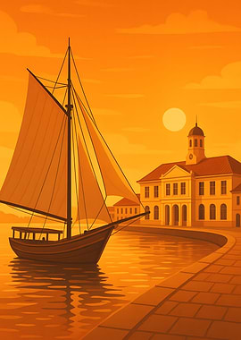 Golden Sailboat by the Building