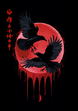 Crows and Red Moon Digital Art