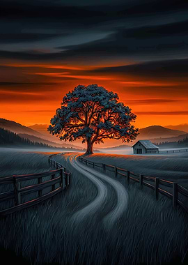 Sunset Landscape with Tree and Barn