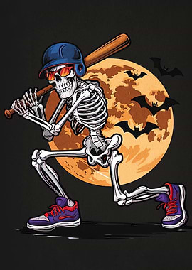 Skeleton Baseball Player with Bats and Moon