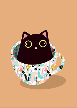 Black cat in floral teacup