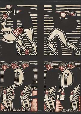 Expressionist Woodcut Print of Laborers