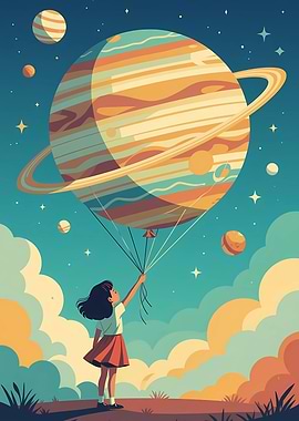 Girl Holding Planet Balloon in Sky