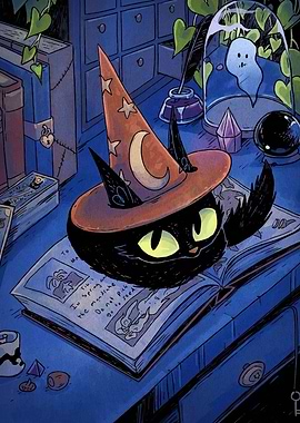 Wizard Cat Reading Spellbook Illustration