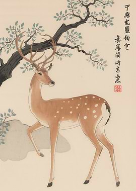 Japanese Deer Painting with Tree