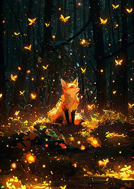 Fox in Enchanted Forest with Butterflies