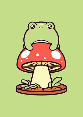 Cute Frog on Mushroom Cartoon Illustration