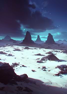 Snowy Alien Landscape with Rock Formations