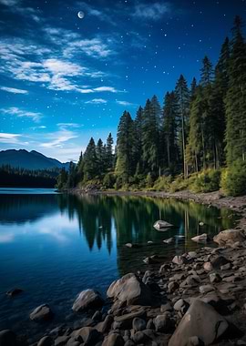 Serene Lake at Night Landscape