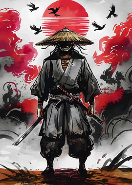 Samurai Warrior with Swords and Straw Hat