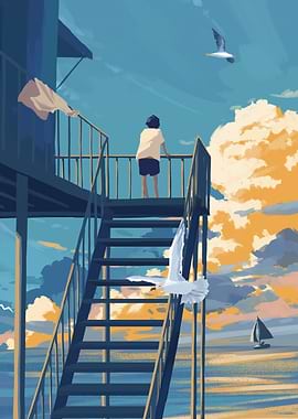 Seaside View with Figure and Seagulls