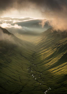 Green Valley with River and Clouds