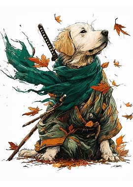 Samurai Dog with Autumn Leaves