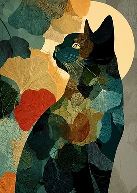 Abstract Cat with Leaf Pattern
