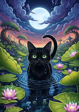 Black Cat in Lily Pond