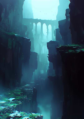 Mystical Canyon Ruins in Blue Haze
