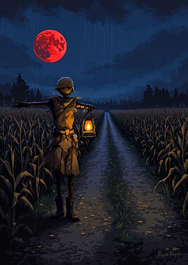 Scarecrow in Cornfield with Red Moon