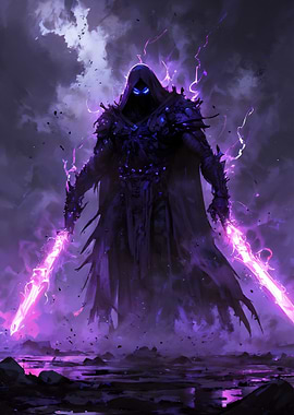 Dark hooded figure with glowing swords