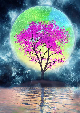Pink Tree Under Colorful Moon