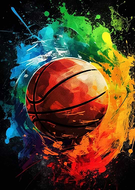 Basketball with Colorful Paint Splatter