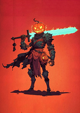 Pumpkin Head Warrior with Flaming Sword