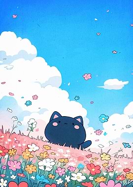 Cute Cat in Flower Field