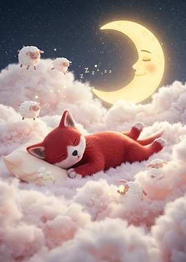 Sleeping Fox with Moon and Sheep