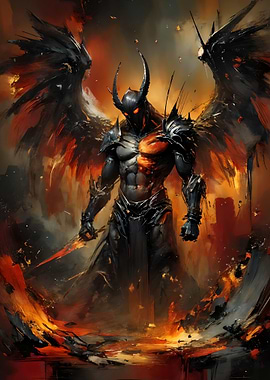 Winged Demon Warrior in Fiery Landscape