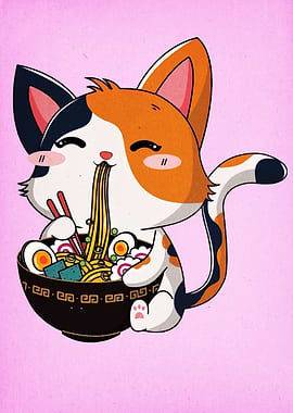 Cartoon Cat Eating Ramen Illustration