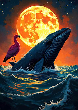 Whale, Flamingo, and Moon Fantasy Art