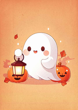 Cute Halloween Ghost with Pumpkins