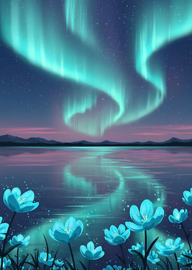 Aurora Borealis over Water with Flowers