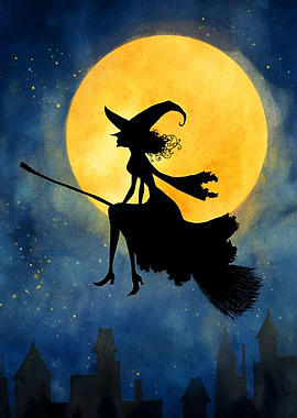 Witch Silhouette Flying on Broomstick