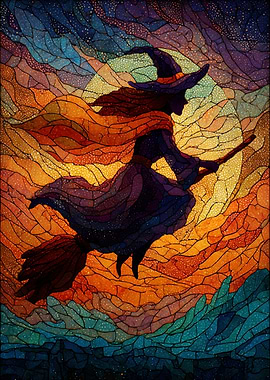 Witch on Broomstick Stained Glass Art