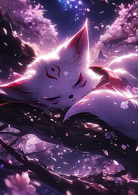 Sleeping Kitsune in Cherry Blossom Night