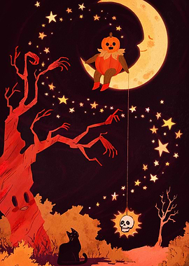 Halloween Night with Pumpkin and Moon