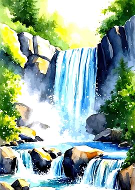 Watercolor Waterfall Landscape