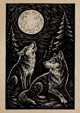 Wolves Howling at the Moon Linocut