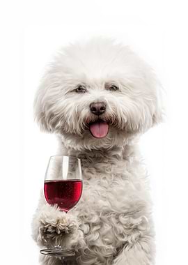 Bichon Frise Dog with Wine Glass