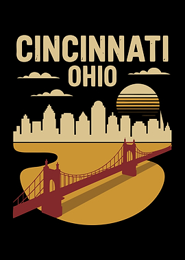 Cincinnati Ohio Skyline Retro Art