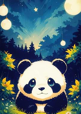 Cute Panda Forest Night Scene