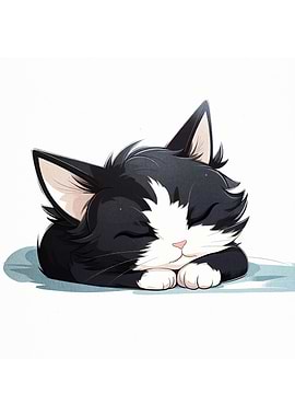 Sleeping Black and White Cartoon Cat