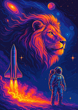 Lion, Astronaut, and Rocket in Space