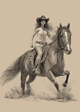 Cowgirl riding horse, pencil drawing